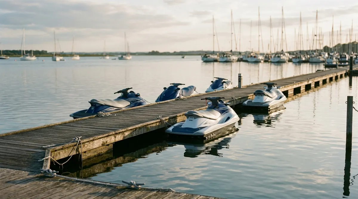 Jet-skis amarrés à un ponton de port de plaisance