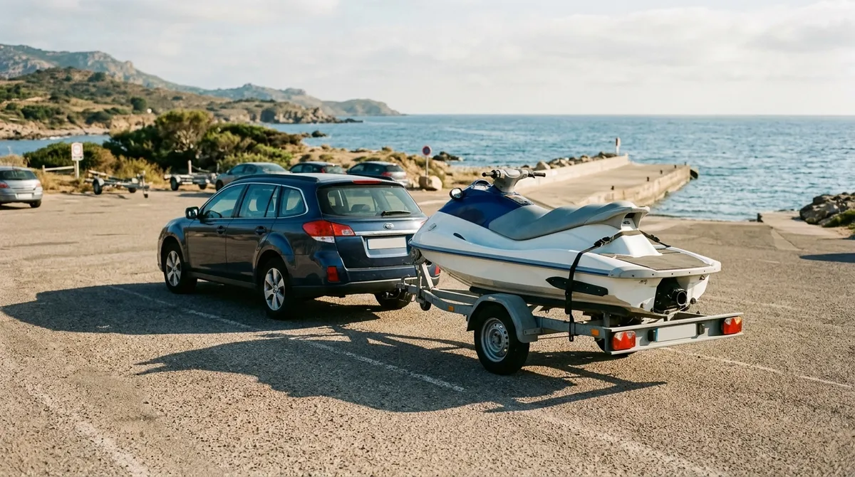 Jet-ski chargé sur sa remorque près d’une cale